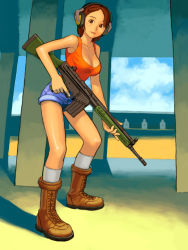 Rule 34 | 1girl, assault rifle, battle rifle, boots, breasts, brown eyes, brown hair, gun, h&amp;k g3, large breasts, rifle, short hair, shorts, socks, solo, tank top, weapon
