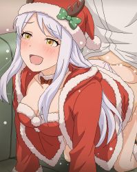 Rule 34 | 1boy, 1girl, antlers, ass, blush, breasts, cleavage, clothed sex, clothing aside, couch, doggystyle, eve santaclaus, fur-trimmed headwear, fur trim, hat, horns, idolmaster, idolmaster cinderella girls, long hair, open mouth, panties, panties aside, pink panties, santa costume, santa hat, sex, sex from behind, solo focus, tomu (tomubobu), underwear, yellow eyes