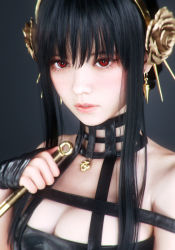 Rule 34 | 1girl, 3d, asian, black dress, black hair, breasts, cleavage, dress, earrings, gold hairband, grey background, hairband, holding, holding knife, jewelry, knife, maya (medium), parted lips, photorealistic, portrait, realistic, red eyes, sidelocks, solo, spy x family, yor briar, yy 3dcg