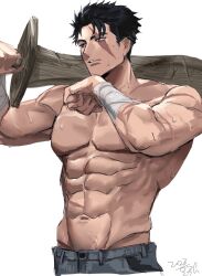 Rule 34 | 003 ssq, 1boy, abs, bara, blind, cropped legs, denim, from side, highres, jeans, large pectorals, male focus, muscular, muscular male, navel, no nipples, original, over shoulder, pants, pectorals, scar, scar across eye, short hair, sideburns, solo, stomach, sweat, sword, sword over shoulder, thick eyebrows, topless male, unfinished, v-taper, veins, veiny arms, veiny crotch, very sweaty, weapon, weapon over shoulder, wiping sweat, wooden sword