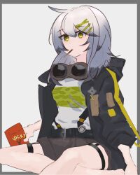 Rule 34 | 1girl, croque (neural cloud), food, food in mouth, girls&#039; frontline neural cloud, goggles, goggles around neck, grey hair, hair ornament, hairclip, highres, jacket, pocky, pocky in mouth, shorts, sitting, solo, suspenders