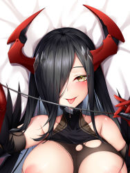 Rule 34 | 1girl, arm warmers, asymmetrical bangs, azur lane, bakugadou, bare shoulders, conductor baton, bed sheet, black hair, bodysuit, breasts, cleavage, collar, collarbone, dakimakura (medium), feather trim, friedrich der grosse (azur lane), gloves, hair over one eye, horn ornament, horns, large breasts, long hair, looking at viewer, lying, on back, red gloves, saliva, smile, solo, straight hair, taut clothes, tongue, tongue out, torn bodysuit, torn clothes, turtleneck, upper body, yellow eyes