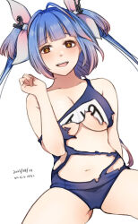 Rule 34 | 1girl, blue hair, blue one-piece swimsuit, breasts, cleavage, commentary request, dated, hair ribbon, hanako (peanut), highres, i-19 (kancolle), kantai collection, large breasts, long hair, name tag, old school swimsuit, one-piece swimsuit, red eyes, ribbon, school swimsuit, simple background, sitting, solo, star-shaped pupils, star (symbol), swimsuit, symbol-shaped pupils, torn clothes, torn swimsuit, tri tails, twintails, twitter username, white background