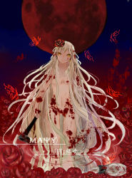 Rule 34 | 1girl, absurdly long hair, absurdres, artist name, axe, bag, blonde hair, blood, blood on breasts, blood on face, blood splatter, blood in hair, blood on hands, breasts, bug, butterfly, character name, comb (suz), earrings, facing viewer, flower, glowing, glowing butterfly, hair flower, hair ornament, head tilt, highres, holding, holding weapon, in water, bug, jewelry, long hair, looking at viewer, mayu (vocaloid), moon, night, nude, red moon, reflection, ripples, rose, severed head, small breasts, smile, solo, standing, very long hair, vocaloid, weapon, yellow eyes