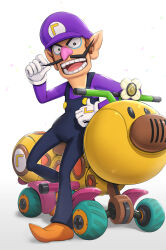 Rule 34 | 1boy, bags under eyes, black eyes, black pants, bright pupils, brown hair, buttons, commentary request, confetti, facial hair, flower, full body, gloves, gonzarez, hat, highres, leaning back, long sleeves, looking at viewer, male focus, mario (series), mario kart, mario kart 8, mario kart 8 deluxe, mustache, nintendo, open mouth, orange footwear, overalls, pants, pointy footwear, purple hat, purple shirt, shirt, shoes, short hair, simple background, solo, standing, teeth, tongue, waluigi, white background, white gloves, white pupils, wild wiggler