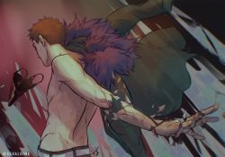 Rule 34 | 1boy, arm behind back, artist name, bare arms, belt, boku no hero academia, breaking, brown hair, commentary, detached arm, earrings, facing away, from behind, from side, fur trim, green jacket, grey belt, highres, jacket, jewelry, male focus, mask, unworn mask, overhaul (boku no hero academia), pants, plague doctor mask, schaloime, short hair, solo, very short hair