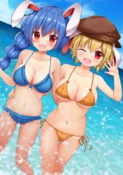 Rule 34 | 2girls, ;d, absurdres, animal ears, bare arms, bare legs, bare shoulders, bikini, blonde hair, blue bikini, blue hair, blue sky, blush, braid, breasts, brown headwear, cloud, collarbone, commentary request, day, dutch angle, feet out of frame, flat cap, frilled bikini, frills, front-tie bikini top, front-tie top, groin, hair between eyes, hand up, hat, highres, large breasts, long braid, long hair, looking at viewer, multiple girls, navel, ocean, one eye closed, open mouth, orange bikini, outdoors, rabbit ears, red eyes, ringo (touhou), seiran (touhou), short hair, single braid, sky, smile, standing, stomach, suigetsu (watermoon-910), swimsuit, thighs, touhou, wading