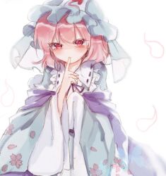 Rule 34 | 1girl, blue kimono, blush, bow, finger to mouth, frills, hands in opposite sleeves, hat, japanese clothes, kimono, long sleeves, looking at viewer, mob cap, neck ribbon, pink hair, red eyes, ribbon, saigyouji yuyuko, simple background, sleeves past wrists, solo, sorani (kaeru0768), touhou, triangular headpiece, veil, white background, wide sleeves