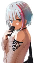 Rule 34 | 1girl, admiral graf spee (azur lane), admiral graf spee (peaceful daily life) (azur lane), azur lane, bag, bare shoulders, black choker, blue eyes, blue hair, blush, brown sweater, cellphone, choker, clothing cutout, commentary request, covered mouth, fingernails, hands up, highres, holding, holding phone, long sleeves, mashimaru (muzikluva), multicolored hair, phone, red hair, shoulder bag, shoulder cutout, simple background, solo, streaked hair, sweater, upper body, white background