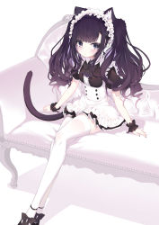 Rule 34 | 1girl, absurdres, animal ear fluff, animal ears, apron, black dress, black eyes, black footwear, black hair, blush, cat ears, cat girl, cat tail, closed mouth, colored inner hair, commentary request, couch, dress, feet out of frame, frilled apron, frills, highres, looking at viewer, maid, maid headdress, multicolored hair, on couch, original, pink hair, puffy short sleeves, puffy sleeves, shadow, shoes, short sleeves, sitting, tail, thighhighs, twintails, two-tone hair, white apron, white background, white thighhighs, wrist cuffs, yuui hutabakirage