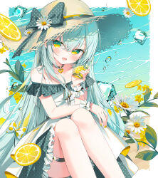 Rule 34 | 1girl, absurdres, blush, bow, chen bin, chinese commentary, collarbone, commentary request, cup, dress, flower, food, fruit, glass, gradient eyes, green bow, green dress, green eyes, hair between eyes, hair bow, hat, hat bow, heart collar, highres, holding, holding cup, ice, ice cube, knees up, legs, legs together, lemon, lemon slice, light green hair, long hair, multicolored eyes, nail polish, open mouth, original, polka dot, polka dot bow, sitting, smile, solo, straw hat, sun hat, thigh strap, very long hair, water, water drop, white dress, wrist cuffs, yellow eyes, yellow nails