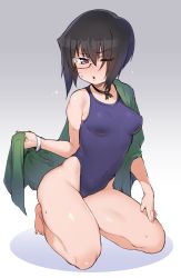 Rule 34 | 10s, 1girl, atte nanakusa, black hair, blue one-piece swimsuit, bright pupils, choker, competition swimsuit, eyes visible through hair, girls und panzer, gradient background, grey background, hair between eyes, hair over one eye, highleg, highleg swimsuit, highres, kawashima momo, kneeling, looking at viewer, monocle, one-piece swimsuit, one eye closed, short hair, solo, swimsuit, towel