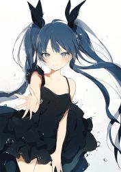 Rule 34 | 1girl, black dress, black hair, breasts, bubble, cleavage, dress, floating hair, grey eyes, hatsune miku, long hair, looking at viewer, lpip, open mouth, outstretched arm, ribbon, shinkai shoujo (vocaloid), simple background, sleeveless, smile, solo, twintails, very long hair, vocaloid, water, white background