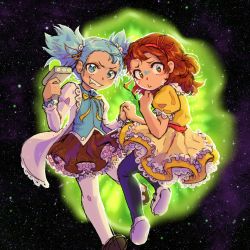 Rule 34 | 2girls, aged down, animification, blue hair, brown hair, dress, drooling, frilled dress, frilled skirt, frills, genderswap, genderswap (mtf), highres, holding hands, lab coat, messy hair, morticia smith, morty smith, multiple girls, official art, portal (object), rick and morty, rick sanchez, saliva, skirt, space, sweatdrop, thighhighs