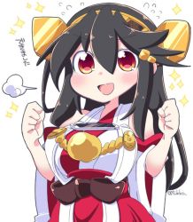 Rule 34 | &gt;:d, 10s, 1girl, :d, black hair, blush, cellphone, commentary request, haruna (kancolle), headgear, kantai collection, long hair, nontraditional miko, open mouth, phone, red eyes, smile, solo, sparkle, tawawa challenge, tsukko (3ki2ne10), twitter username, upper body, v-shaped eyebrows, white background