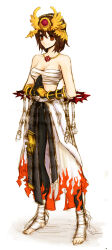 Rule 34 | 1girl, belt, black belt, black gloves, black pants, breasts, brown eyes, brown hair, championship belt, cleavage, closed mouth, clothes around waist, commentary request, crown, flame print, foot wraps, full body, gauntlets, gloves, hair between eyes, highres, jewelry, kusabi (aighe), long bangs, looking at viewer, medium breasts, necklace, palm-fist greeting, pants, ragnarok online, sarashi, shirt, shirt around waist, short hair, smile, solo, standing, sura (ragnarok online), white background, white pants, white shirt