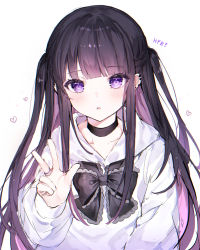 Rule 34 | 1girl, arm at side, black bow, black hair, borrowed character, bow, bowtie, choker, collarbone, commentary request, ear piercing, eyelashes, eyes visible through hair, frills, happy birthday, heart, highres, hood, hoodie, jewelry, light blush, long hair, long sleeves, looking at viewer, noyu (noyu23386566), original, parted lips, piercing, purple eyes, purple hair, ring, simple background, solo, star (symbol), translucent hair, twintails, upper body, v, white background, white hoodie
