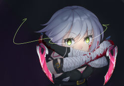Rule 34 | absurdres, bandages, blood, bloody bandages, dagger, dual wielding, fate/apocrypha, fate/grand order, fate (series), green eyes, highres, holding, jack the ripper (fate/apocrypha), jibako, knife, looking at viewer, short hair, silver hair, solo, weapon