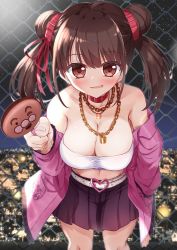 Rule 34 | 1girl, :d, bare shoulders, belt, black skirt, blush, breasts, brown eyes, brown hair, buckle, chain-link fence, chain necklace, cityscape, cleavage, collar, collarbone, commentary request, cowboy shot, double bun, fence, food, foreshortening, groin, hair between eyes, hair bun, hand in pocket, heart, heart-shaped buckle, holding, holding food, idolmaster, idolmaster shiny colors, jacket, jewelry, large breasts, lock, long hair, long sleeves, looking at viewer, midriff, mikage (shibi), navel, necklace, night, off shoulder, open clothes, open jacket, open mouth, padlock, pink jacket, pleated skirt, red collar, ribbon, short twintails, sidelocks, skirt, sky, smile, solo, sonoda chiyoko, standing, star (sky), starry sky, strapless, taut clothes, tube top, twintails, white belt, white tube top
