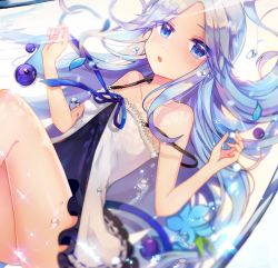 Rule 34 | 1girl, :o, bad id, bad pixiv id, bare arms, bare shoulders, blue eyes, blue flower, blue hair, blue ribbon, blurry, blurry foreground, blush, collarbone, depth of field, dress, fingernails, flower, forehead, hands up, highres, looking at viewer, orb, original, parted bangs, parted lips, ribbon, rijjin, sleeveless, sleeveless dress, solo, strap slip, submerged, water, white dress