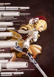 Rule 34 | 10s, 1girl, beret, blonde hair, blurry, boots, breasts, brown thighhighs, depth of field, detached sleeves, drill hair, dual wielding, fate (series), female focus, fingerless gloves, gate of babylon (fate), gloves, gradient background, gun, hair ornament, hairpin, hat, holding, magical girl, magical musket, mahou shoujo madoka magica, mahou shoujo madoka magica (anime), medium breasts, perspective, pleated skirt, puffy sleeves, ribbon, rifle, skindentation, skirt, solo, thighhighs, tomoe mami, twin drills, twintails, waizu, weapon, yellow eyes, zettai ryouiki
