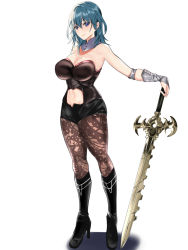Rule 34 | 1girl, akire (akireru shoujo), armpits, bare shoulders, black pantyhose, blue eyes, blue hair, boots, breasts, byleth (female) (fire emblem), byleth (fire emblem), cleavage, clothing cutout, detached collar, fire emblem, fire emblem: three houses, full body, high heel boots, high heels, highres, knee boots, large breasts, lips, looking at viewer, medium hair, midriff, navel, navel cutout, nintendo, pantyhose, shorts, simple background, skindentation, sleeveless, smile, solo, standing, sword, weapon, white background, wrist guards