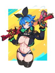 Rule 34 | 1girl, arm up, black hairband, black jacket, black ribbon, black thighhighs, blue hair, blue lips, breasts, chainsword, cleavage, closed mouth, commentary, cyberpunk (series), dif (difman), difman, eyebrows hidden by hair, groin, gun, hair between eyes, hair ribbon, hairband, highres, holding, holding gun, holding weapon, jacket, long sleeves, looking at viewer, medium breasts, multicolored hair, navel, open clothes, open jacket, orange eyes, original, ribbon, smoke, smoking gun, solo, streaked hair, thick eyebrows, thighhighs, weapon, weapon request