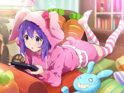 Rule 34 | 1girl, :o, carrot-shaped pillow, commentary request, green eyes, hair between eyes, heart, holding, hood, idolmaster, idolmaster million live!, idolmaster million live! theater days, indoors, lying, misashi (raichi821), mochizuki anna, on stomach, open mouth, purple hair, solo, sparkle, striped clothes, striped thighhighs, thighhighs, two-tone legwear