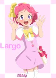 Rule 34 | 1girl, :d, absurdres, bag, blush, border, bow, capelet, character name, child, commentary, cowboy shot, creatures (company), dress, game freak, garter straps, hairband, hands up, happy, highres, looking at viewer, margo (pokemon), nintendo, open mouth, outside border, pink background, pink bow, pink dress, pokemon, pokemon (anime), pokemon the movie: the power of us, purple eyes, short hair, shoulder bag, signature, smile, solo, standing, teeth, thighhighs, upper teeth only, viper3n3n3 (cristy), white border, white capelet, white thighhighs, yellow bow, yellow hairband