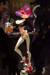 Rule 34 | 1girl, alcohol, alex ahad, antennae, bar (place), beer, beer mug, black torch, breasts, casual, cleavage, commentary, cup, english commentary, fallout (black torch), front-tie top, full body, highres, large breasts, lips, mug, navel, no bra, pants, pink-tinted eyewear, pink-tinted glasses, purple hair, short hair, narrow waist, smirk, solo focus, sunglasses, tinted eyewear, underboob, visor