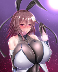 Rule 34 | 1girl, artist request, bare shoulders, blush, breasts, brown hair, cleavage, closed mouth, collarbone, condom, condom in mouth, condom wrapper, covered erect nipples, detached sleeves, gauntlets, gloves, hair ribbon, highres, huge breasts, kanna (minamozuki), leotard, looking at viewer, mizuki shiranui, mouth hold, red eyes, ribbon, seductive smile, short hair, skin tight, smile, sweat, taimanin (series), taimanin yukikaze, upper body, used condom