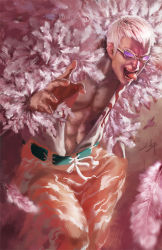 Rule 34 | 1boy, blonde hair, blouse, cowboy shot, donquixote doflamingo, donquixote pirates, feather coat, feathers, male focus, navel, one piece, open clothes, open shirt, pink theme, realistic, shirt, short hair, signature, solo, sunglasses, tongue, tongue out, young-street