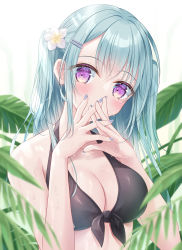 Rule 34 | 1girl, bare arms, bare shoulders, bikini, black bikini, blue hair, blue nails, blurry, blurry foreground, blush, breasts, cleavage, collarbone, commentary request, depth of field, flower, front-tie bikini top, front-tie top, hair between eyes, hair flower, hair ornament, hairclip, head tilt, highres, kohinata hoshimi, leaf, long hair, medium breasts, nail polish, one side up, original, own hands together, purple eyes, solo, swimsuit, upper body, white flower