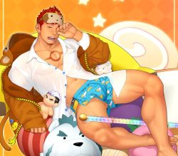 Rule 34 | 1boy, animal hood, bara, blue male underwear, boxer briefs, brown jacket, character doll, doll, facial hair, grancy (gyee), gyee, hood, hood down, itto (mentaiko), jacket, kong (gyee), large pectorals, male focus, male underwear, mask, mask on head, monkey tail, muscular, muscular male, one eye closed, open clothes, open jacket, open mouth, partially unbuttoned, pectorals, red hair, shirt, short hair, sleep mask, solo, stubble, su (gyee), tail, thick thighs, thighs, underwear, white shirt