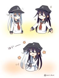 Rule 34 | 10s, 2girls, akatsuki (kancolle), anchor symbol, artist name, bad id, bad twitter id, blue eyes, comic, commentary request, closed eyes, flat cap, happy, hat, hibiki (kancolle), hug, kantai collection, long hair, long sleeves, multiple girls, neckerchief, nor nao, open mouth, purple hair, red neckerchief, school uniform, serafuku, silver hair, simple background, sparkle