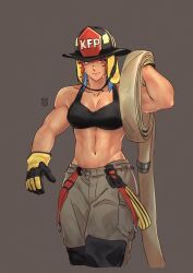 Rule 34 | 1girl, abs, alternate costume, earrings, feather earrings, feathers, firefighter, gloves, green hair, grey background, helmet, highres, holding, holding hose, hololive, hololive english, hose, iskaydi, jewelry, looking at viewer, muscular, muscular female, purple eyes, smile, solo, suspenders, sweat, takanashi kiara, tank top, toned, virtual youtuber
