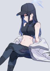 Rule 34 | 1girl, bare shoulders, baseball cap, black hair, black hat, black pants, blue archive, breasts, buckle, clothes down, coat, colored inner hair, crop top, crossed legs, feet out of frame, grey background, grey eyes, groin, halo, hat, highres, invisible chair, long hair, looking at viewer, medium breasts, midriff, multicolored hair, navel, osame, pants, parted lips, saori (blue archive), shirt, sideways glance, simple background, sitting, sleeveless, sleeveless shirt, snap-fit buckle, solo, turtleneck, white coat