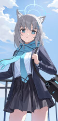 Rule 34 | 1girl, alohayuja, animal ear fluff, animal ears, bag, black bag, black skirt, blue archive, blue eyes, blue jacket, blue necktie, blue scarf, blue sky, bright pupils, cloud, commentary request, cowboy shot, cross hair ornament, day, fringe trim, grey hair, hair ornament, halo, hand up, high-waist skirt, highres, holding, jacket, korean commentary, long sleeves, looking at viewer, medium hair, mismatched pupils, necktie, open clothes, open jacket, outdoors, parted lips, pleated skirt, pocket, railing, revision, scarf, school uniform, shiroko (blue archive), shirt, shirt tucked in, shoulder bag, sidelocks, skirt, sky, solo, thighs, white pupils, white shirt, wolf ears