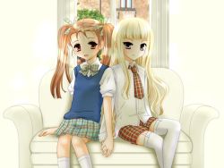 Rule 34 | 2girls, blonde hair, brown hair, couch, garter straps, holding hands, inumori sayaka, long hair, multiple girls, thighhighs, twintails, window