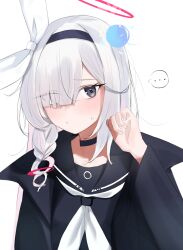 Rule 34 | 1girl, absurdres, black coat, black eyes, black hairband, black sailor collar, black serafuku, blue archive, blush, braid, closed mouth, coat, colored inner hair, eyes visible through hair, grey hair, hair over one eye, hairband, halo, highres, long hair, long sleeves, looking at viewer, multicolored hair, neckerchief, open clothes, open coat, pink hair, plana (blue archive), red halo, sailor collar, school uniform, serafuku, showtime775, simple background, single braid, solo, upper body, white background, white neckerchief
