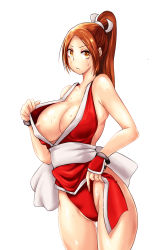 Rule 34 | 1girl, areola slip, bad id, bad pixiv id, breasts, brown eyes, brown hair, cleavage reach, clothes pull, cowboy shot, fatal fury, hair ribbon, highres, japanese clothes, large breasts, ninja, nipple slip, nipples, no bra, parted bangs, pelvic curtain, ponytail, pulled by self, ribbon, royo, sash, shiranui mai, simple background, solo, sweat, sweatdrop, the king of fighters, thigh gap, white background