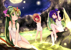 Rule 34 | 3girls, absurdres, arms up, blackma (pagus0012), bow, dragon wings, facial mark, fae (fire emblem), fire emblem, fire emblem: mystery of the emblem, fire emblem: the binding blade, fire emblem: the sacred stones, fire emblem heroes, forehead mark, green eyes, green hair, hair bow, highres, long hair, moon, multiple girls, myrrh (fire emblem), naked towel, night, night sky, nintendo, one eye closed, onsen, open mouth, pink bow, pointy ears, ponytail, purple hair, red eyes, short hair, sitting, sky, standing, star (sky), tiki (fire emblem), tiki (young) (fire emblem), towel, twintails, wings