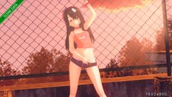 Rule 34 | 1girl, absurdres, against fence, arm up, armpits, black hair, breasts, clothes pull, denim, denim shorts, fence, highres, kazaki yuriko, legs, looking at viewer, midriff, navel, original, shorts, shorts pull, small breasts, solo, thighs, thong, undressing