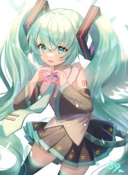 Rule 34 | 1girl, 39, absurdres, bad id, bad pixiv id, belt, blue eyes, blue hair, collared shirt, detached sleeves, hair ornament, hatsune miku, hatsune miku (nt), heart, heart hands, highres, long hair, looking at viewer, lushuao, necktie, open mouth, pleated skirt, see-through, see-through sleeves, shirt, skirt, sleeveless, sleeveless shirt, smile, solo, thighhighs, tie clip, twintails, very long hair, vocaloid, zettai ryouiki