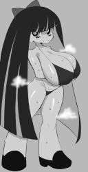 Rule 34 | 1girl, bikini, black bikini, blunt bangs, bow, breasts, caevery, cleavage, collarbone, hair between eyes, highres, large breasts, long hair, looking at viewer, midriff, monochrome, navel, panty &amp; stocking with garterbelt, solo, steaming body, stocking (psg), sweat, swimsuit