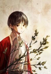 Rule 34 | 1boy, black eyes, black hair, branch, closed mouth, collared shirt, expressionless, jacket, leaf, looking at viewer, male focus, mint5464, original, plant, red jacket, shirt, short hair, solo, upper body, white shirt