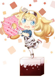 Rule 34 | &gt; &lt;, 1girl, blonde hair, blue eyes, blue shirt, blush, cake, chibi, commentary request, doughnut, enemy lifebuoy (kancolle), food, gambier bay (kancolle), gloves, hair between eyes, hairband, headgear, hinata yuu, kantai collection, looking at viewer, multicolored clothes, multicolored gloves, shirt, shoes, shorts, standing, standing on one leg, thighhighs, twintails, valentine