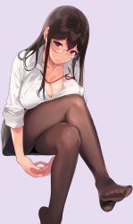 Rule 34 | 1girl, black hair, black pantyhose, blush, breasts, cleavage, collarbone, collared shirt, commentary request, crossed legs, dress shirt, earrings, eyebrows, feet, fingernails, glasses, hair between eyes, highres, jewelry, lanyard, large breasts, long hair, long sleeves, looking at viewer, nail polish, necklace, office lady, original, pantyhose, pink lips, pink nails, purple background, red eyes, sasamori tomoe, shirt, sidelocks, sleeves rolled up, soles, solo, toes, unbuttoned, unbuttoned shirt, white shirt