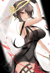 Rule 34 | 1girl, absurdres, bare shoulders, black dress, black gloves, black hair, black thighhighs, breasts, cleavage, dagger, dress, fingerless gloves, flower, gloves, gold hairband, hair flower, hair ornament, hairband, highres, knife, large breasts, long hair, looking at viewer, red eyes, rose, sidelocks, solo, spy x family, thighhighs, thighs, weapon, weyas kayur, yor briar