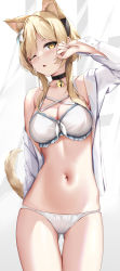 Rule 34 | 1girl, absurdres, animal ear fluff, animal ears, bell, black choker, blonde hair, bra, breasts, cat ears, cat tail, choker, cleavage, commentary, cowboy shot, english commentary, extra ears, flower, frilled bra, frills, genshin impact, hair flower, hair ornament, hand up, highres, jingle bell, long hair, long sleeves, looking at viewer, lumine (genshin impact), medium breasts, navel, neck bell, one eye closed, open clothes, open shirt, panties, parted lips, shirt, skai kun, solo, standing, stomach, tail, thigh gap, underwear, white bra, white flower, white panties, white shirt, yellow eyes